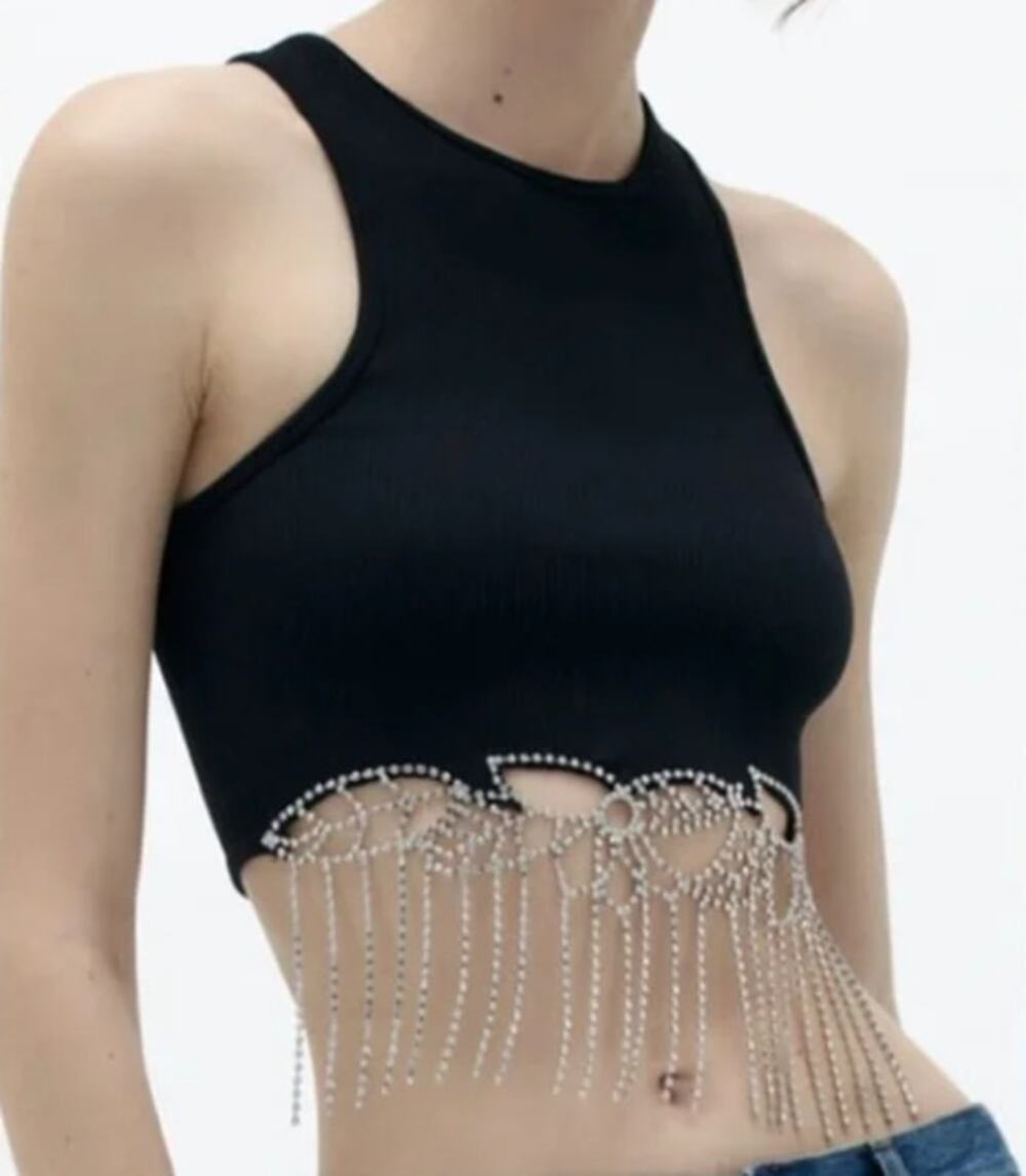 Zara Black Ribbed Cropped Halter Top Rhinestone Fringe Hem XS-Small
